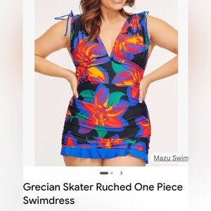 Mazu Swim Ruched Swim Dress Blue And Green "Skyline" Zigzag Women Size 10